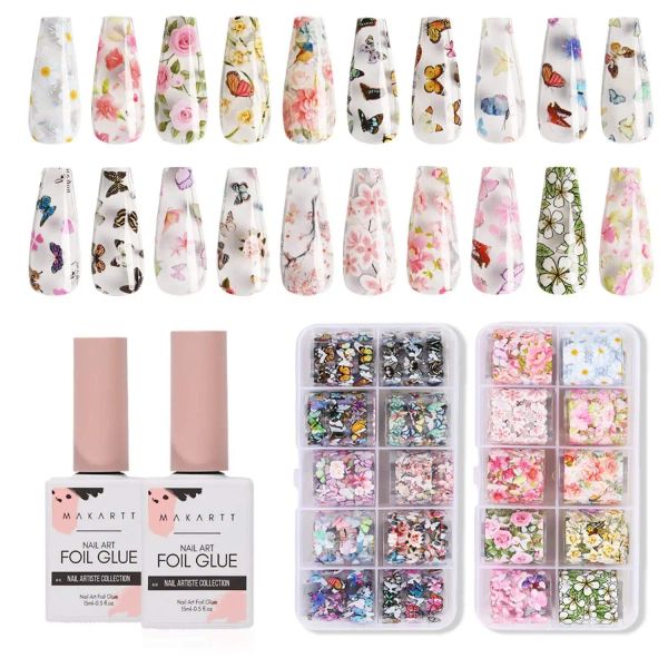 Gel Makartt Nail Art Foil Glue Gel avec fleur et papillon Autocollant en feuille de feuille de transfert d'ongles