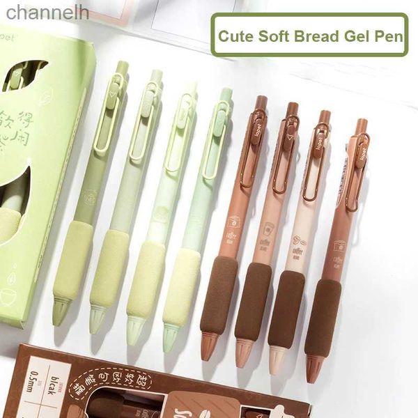 Bolígrafos de gel 4 unids/caja Kawaii Soft Bread Gel Pen Set 0,5 mm Matcha Café Colores Bolígrafo Tinta de color negro para escribir útiles escolares de oficina YQ231201