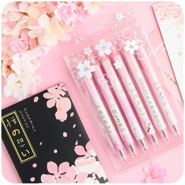 Bolígrafos de Gel 6 unids/pack 0,5mm Kawaii flores de cerezo estrella pluma de tinta negra bolígrafo niñas niños regalo escuela Oficina papelería