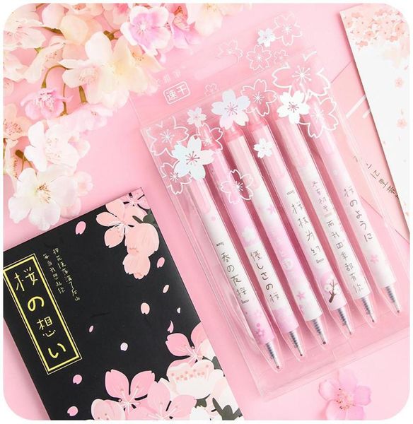 Penses de gel 6pcspack 05 mm Kawaii Cherry Blossoms Star Black Ink Pen Bole Bolígrafo Niñas Oficina de la escuela de regalos Pattionery4849250