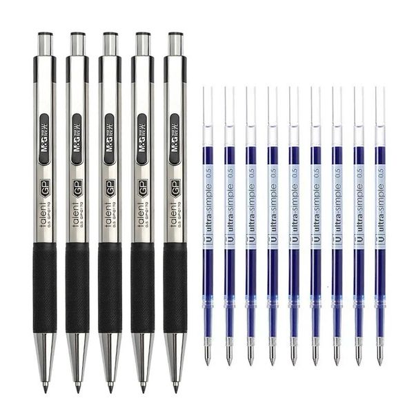 Stylos à gel Stylos à bille rétractables en acier inoxydable, pointe fine de 0.5mm, pointe ogive, recharge d'encre noire et bleue, stylo de signature à poignée d'écriture lisse 231211