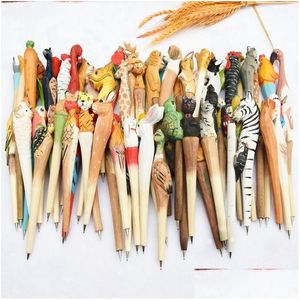 Stylos à gel en gros 200pcs / lot animal sculpture en bois stylo à bille créatif stylo à bille en bois à la main scpture étudiant bille goutte goutte Dhipk