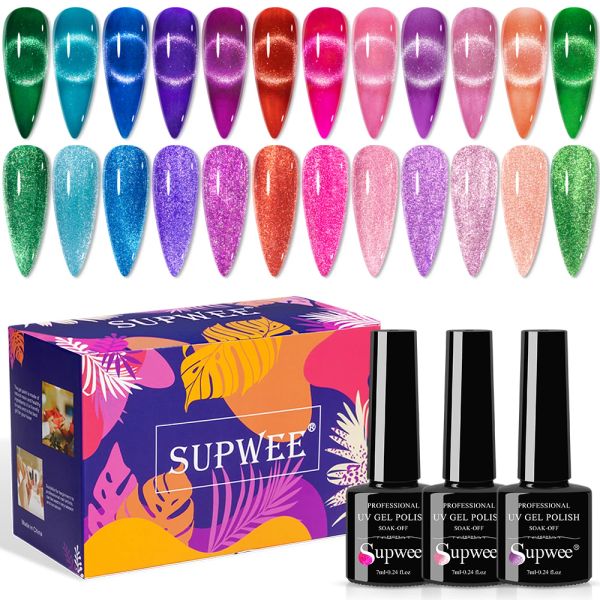 Gel Supwee 12pcs Cat Glitter Magnétique Magnétique Polon de vernis à ongles Ensemble semi-permanent Gel Laser Smoothies Cat Eye Hybride Varnis pour ongles Art