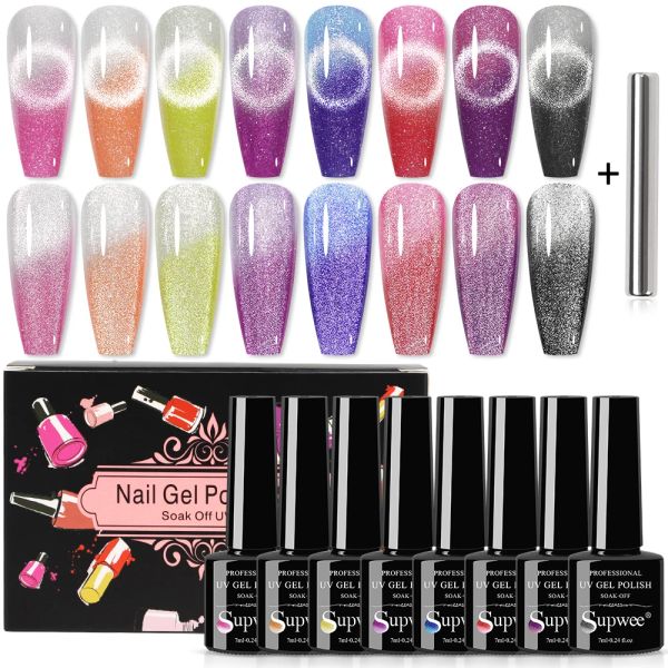 Gel Supwee 8pcs Thermal Cat Eye Gel Gel Polier de vernis à ongles Changement de couleur brillante 9d SPAR Magic Gel Semi-permanent Savage des UV / Gel LED Vernis