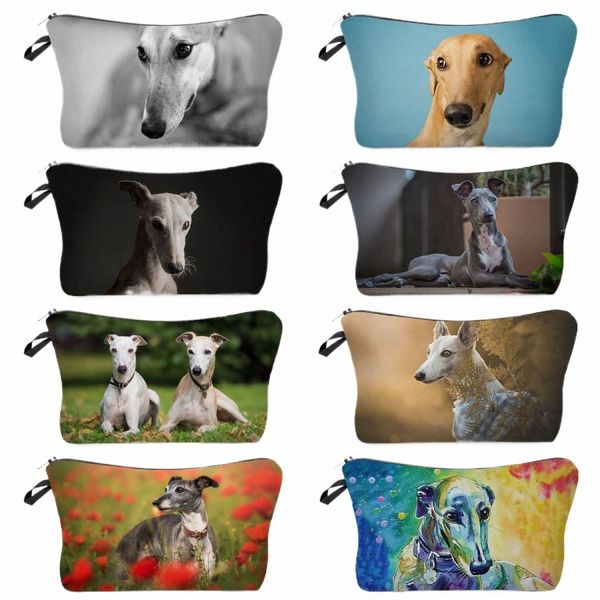 Geli Dog Impreso Mini bolso cosmético de las mujeres Greyhound Animal Print Ladies Bolsas de maquillaje Viajes de playa al aire libre Kit de aseo plegable v0vR #