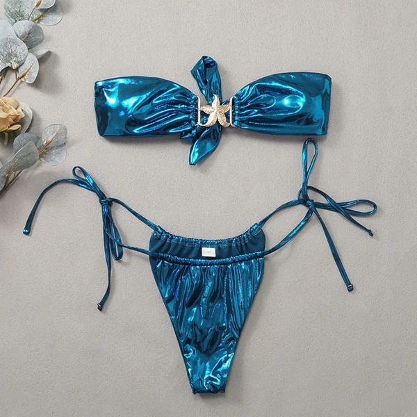 Gem Blue Glossy Bikini 2024 Vêtements pour femmes Swimsuit Summer Beach Vacation Optifit Fix de bain string Backau Backless Swimwear 240424