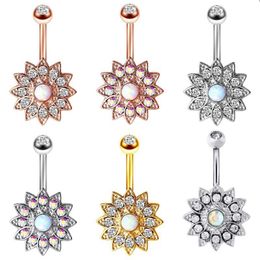 Gem Diamond Inlay Navel Ringen Multicolor Sun Bloem Punctie Sieraden Umbilical Nail Medical Steel Dance Buik Ring Accessoires