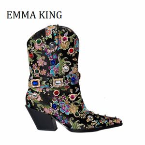 Gem vrouwen 154 verfraaide enkel sexy puntige teen blok hakken laarzen dames punk stijl western cowgirl schoenen big 44 230807 427 745