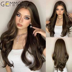 GEMMA Long Water Wave Blue Bleu Temperature Perruques pour les femmes blanches noires Afro Cosplay Party Daily Synthetic Hair with Bangs220505