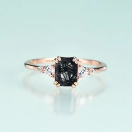 Edelstenen schoonheid zilver 925 puur roségoud 14 K zilveren ring kof voor vrouwen zwart gerutileerde kwarts luxe ringen fijne sieraden 240323