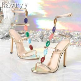 Gemstone Color Sandals embelli rond Summer Designer Femmes Toe Sangle de la cheville High Heel Party Paytos Stilettos 677