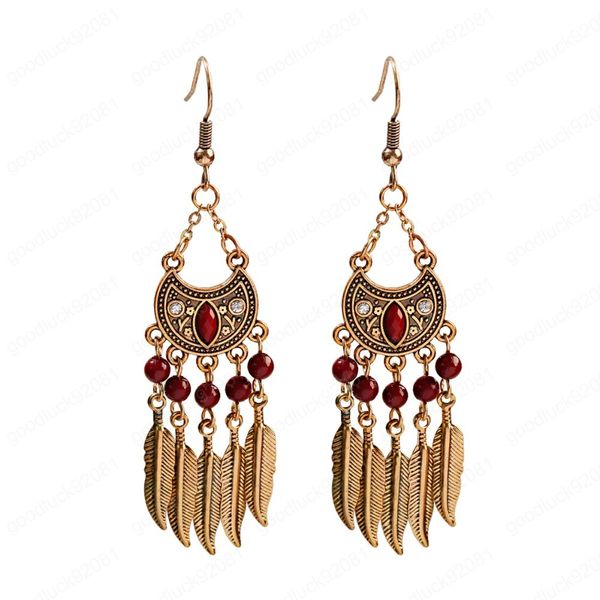 Pierres précieuses pendentif gland plume boucles d'oreilles bohème feuille pendentif boucles d'oreilles 2020 femmes bijoux indiens