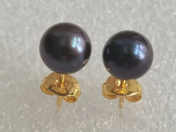 Pierres précieuses incroyables aaaaa 7,58 mm Natural Tahaitien Chine Boucles d'oreilles en perles noires 14k + boîte