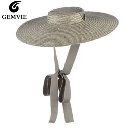 GEMVIE 3 colores de ala ancha Flat Top Straw sombreros de verano para mujeres Ribbon Beach Cap Boater sombrero de sol de moda con correa de barbilla Y200102 s