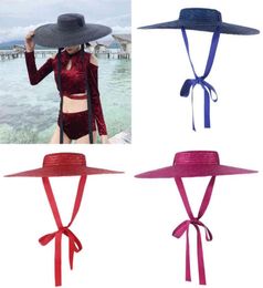 GEMVIE noir large bord plat haut paille été S pour les femmes ruban casquette de plage plaisancier à la mode chapeau de soleil avec mentonnière 9483356