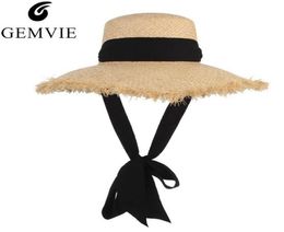 Gemvie Handgemaakte Weave Raffia Zon Voor Vrouwen Zwart Lint Floppy Rand Grote Velden Strohoed Zomer Strandpet Fedora Nieuw C190417017288592