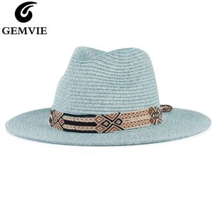 Gemvie zacht gevormde Panama -stijl papieren strohoed voor vrouwen zomerhoed voor mannen Sun Beach Hat Jazz Fedora Y200602