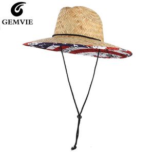 Gemvie Wide Brim Flag Lifeguard Straw Safari Hat For Men Women Femmes Summer Sun with Chin Cord 240423