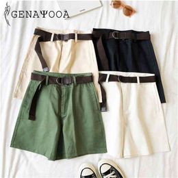 Genayooa Casual Shorts Dames Fitness Groot Been Zwart Hoge Taille Shorts met Riem Kantoor Dame Vintage Shorts Feminino Plus Size 210611