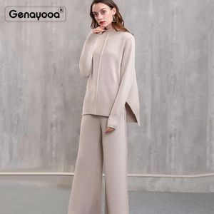 Tweedelige jurk Genayooa Hoge Kwaliteit Kasjmier Trainingspak Dames Winter Set Broek 2 Trui + Pants Office Lady Korean