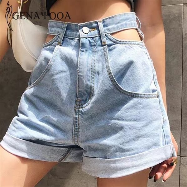 Genayooa coréen Denim taille haute Jean Shorts bleu clair évider court femmes été pantalons Jeans décontractés 2020 T200701