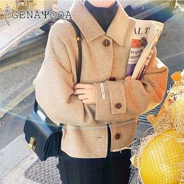 Genayooa Abrigo de estilo coreano Mujer de lana de lana de lana de manga larga de manga larga con giro hacia abajo Cuello chaqueta de damas khaki otoño invierno 211104