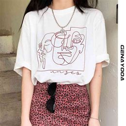 Genayooa Streetwear Abstract T-shirts Afdrukken Vrouwen Tops Zomer Wit Katoen Tee Shirt Femme Harajuku Kleding Koreaanse Y2K 210623