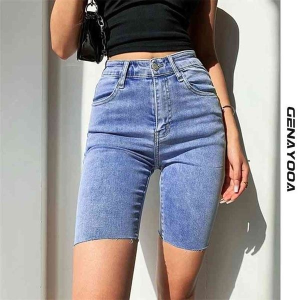 Genayooa Streetwear Skinny High Cintura Shorts Jeans Feminino Verano Coreano Push Up Biker Mujer Denim Plus Tamaño 210724