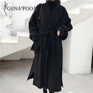 Genayooa Winter Elegant Wool Blend Women Koreaanse stijl Zwarte Lange lagen Vintage Minimalistische wollen overjas kameel Oversize 201112