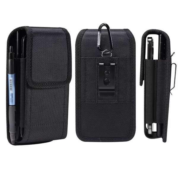 General 6.5-6.9 pulgadas Oxford Cloth Horizontal Vetical Phone Funda para iPhone 15 14 Plus 13 12 11 Pro Max Samsung S23 Plus S22 Ultra Fundas Clip de cadera Funda Cinturón Negro Dos bolsas