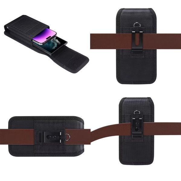 Général 6,5-6,9 pouces en tissu Oxford deux pochettes pour téléphone pour iPhone 15 14 Plus 13 12 Pro Max Galaxy S23 Plus S22 étuis verticaux ultra horizontaux ceinture à clip de hanche sac noir