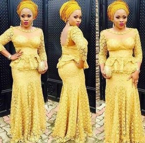 Robes de bal généreuses en dentelle jaune africaine Peplum Aso Ebi Style longues robes de soirée en dentelle appliques 34 manches longues sirène She2204169