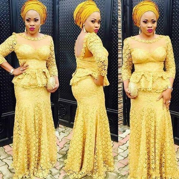 Généreux Africain Jaune Dentelle Robes De Bal Peplum Aso Ebi Style Longue Soirée Robes De Soirée En Dentelle Appliques 3 4 À Manches Longues Sirène She285J