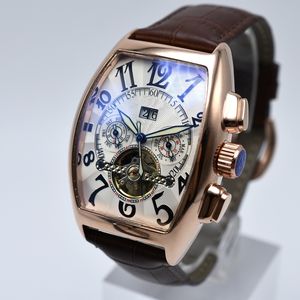 Luxe lederen band tourbillon mechanische mannen horloge dropshipping dag datum skelet automatische mannen horloges cadeaus voor vader