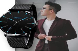 Genève Ultra Thin Mens Watches Blue Pointer Leisure Quartz Quartz Wristwatch Socle de maille en acier inoxydable Gift Relogio Masculino18232106