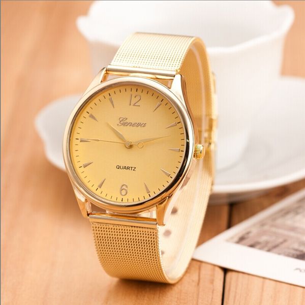 Relojes GENEVA, reloj de pulsera de cuarzo con correa de malla de aleación de moda para mujer, reloj de pulsera de cuarzo con números simples y banda dorada