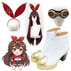 Genshin Impact Amber Cosplay pelucas zapatos Botas Diadema Anteojos Gafas Halloween Carnaval Cosplay Accesorios Porps Y0903