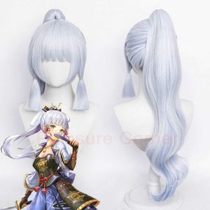 Genshin Impact Ayaka Cosplay Pruik Haar Zilver Mid Lengte Hittebestendige Pre-gestileerde Anime Halloween Kostuumaccessoires Y0903