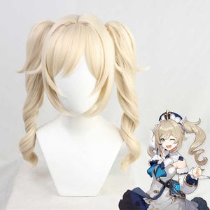 Genshin Impact Barbara Curly Ponytail Blonde Lange Cosplay Hittebestendig Synthetisch Haar Halloween Carnaval Party + Gratis Pruik Cap Y0903