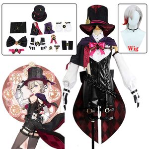 Genshin Impact Cosplay Costume perruque Fontaine Lyney uniforme en cuir chapeau robe cheveux courts jupe gant tenue queue magiciencosplay