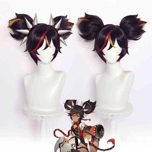 Genshin Impact Cosplay Xinyan 30 cm perruque marron dégradé perruque Cosplay Anime perruques perruques synthétiques résistantes à la chaleur Halloween + bonnet de perruque Y220512