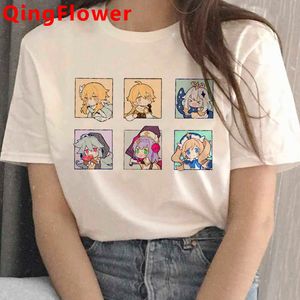 Genshin Impacto Divertido Cartoo Camiseta gráfica Hombres Kawaii Harajuku Streetwear Camiseta Lindo Anime Unisex Camiseta Hip Hop Top Tee Masculino Y0901