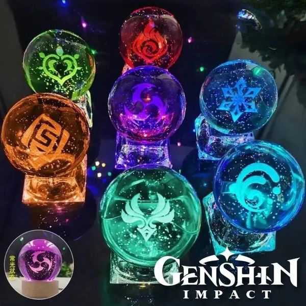 Genshin Impact God of Version LED Crystal Ball Luminous 7 Element Cosplay Toy Ornaments Kids Gifts Grows Props Home Decor Figurines 240425