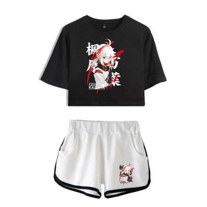 Genshin Impact Kaedehara Kazuha conjuntos de dos piezas estampados pantalones cortos + camiseta de manga corta 2021 nuevos conjuntos de verano para mujer Y0901