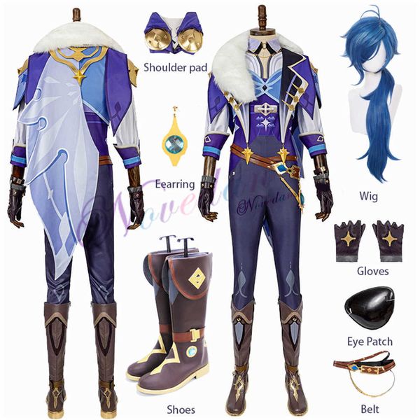 Genshin Impact Kaeya Cosplay Outfit Knight Combat Boots Uniforme Boucle d'oreille Perruque Anime Jeu Halloween Party Costume pour hommes femmes Y0903