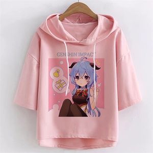 Genshin Impact Kawaii Ganyu Harajuku T-shirts Leisure Tops Femme Korte Mouw Hooded Corset Top T-shirt Wit Grunge kleding 210623