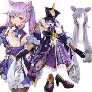 Genshin Impact Keqing Purple Game Suit jurk mooie uniform anime cosplay Cosplay kostuum pruiken schoenen Halloween feestoutfit voor vrouwen Y0903