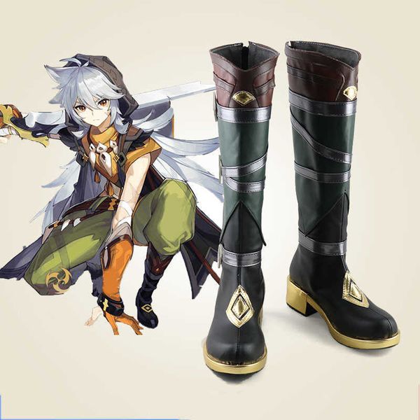 Genshin Impact Razor Cosplay Costumes Bottes Halloween Chaussures en cuir Mondstadt Razor Gris Long Résistant à la chaleur Synthétique Cheveux + Cap Y0903