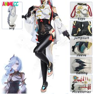 Genshin Impact Shenhe – tenue brodée, chaussures tressées, perruques de jeu, combinaison Sexy pour femmes, Costume de Cosplay pour filles