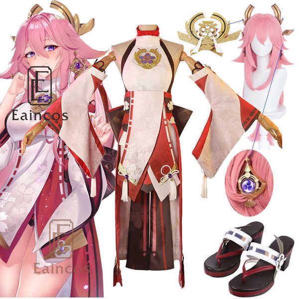 Genshin Impact Yae Miko Guuji Yae Cosplay Costume Cos Wigs Chaussures Games Uniforme Robe Tenues Costumes Halloween pour femmes Y0903